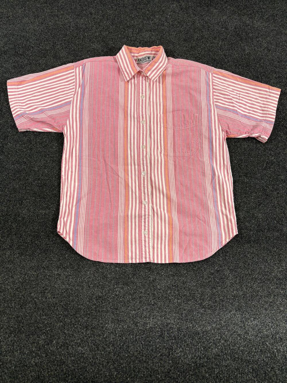 Andrew Sports Shirt Mens M Pink Stripe Short Sleeve Button Up Pocket Casual